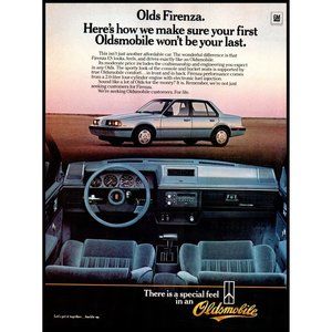 1985 Oldsmobile Firenza Sedan Vintage Print Ad Blue 80s Car Man Cave Wall Art